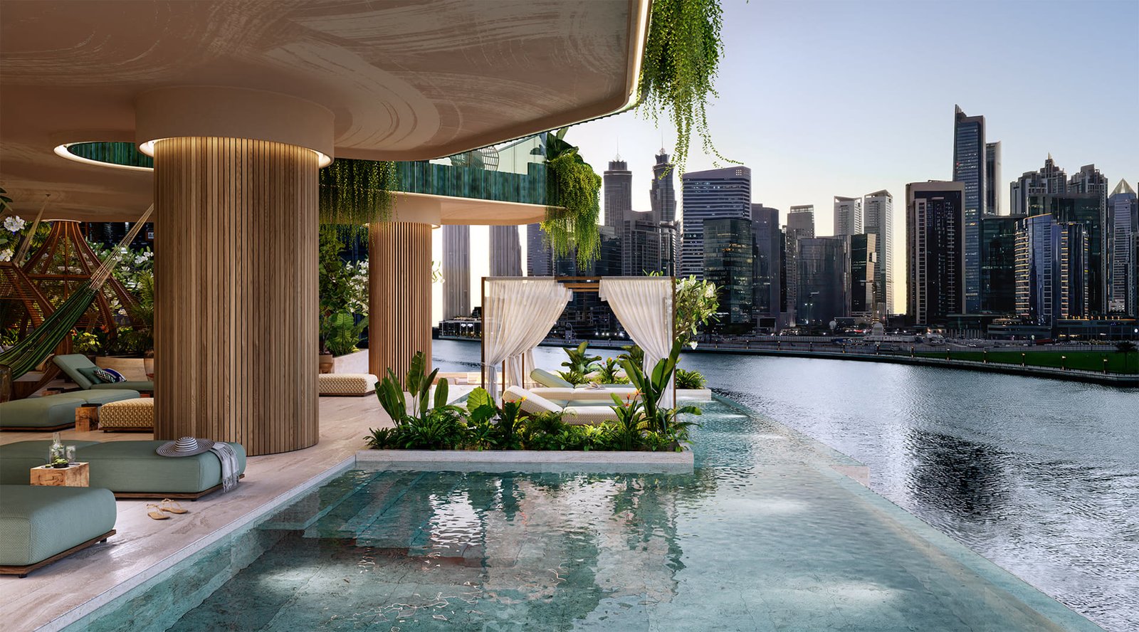 Amenity terrace lounges over the canal