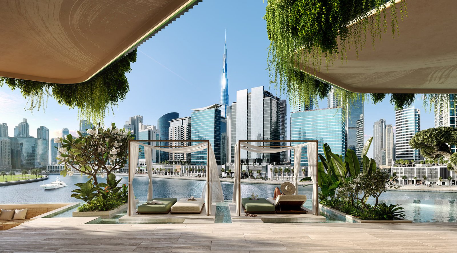 Amenity terrace with infinity pool and fire line