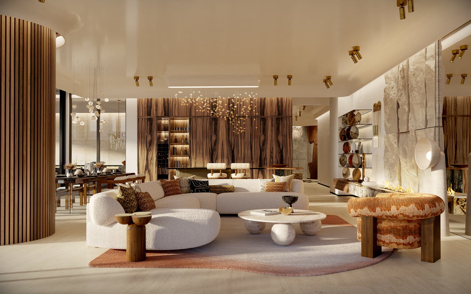 Living room in stone, timber and canal light