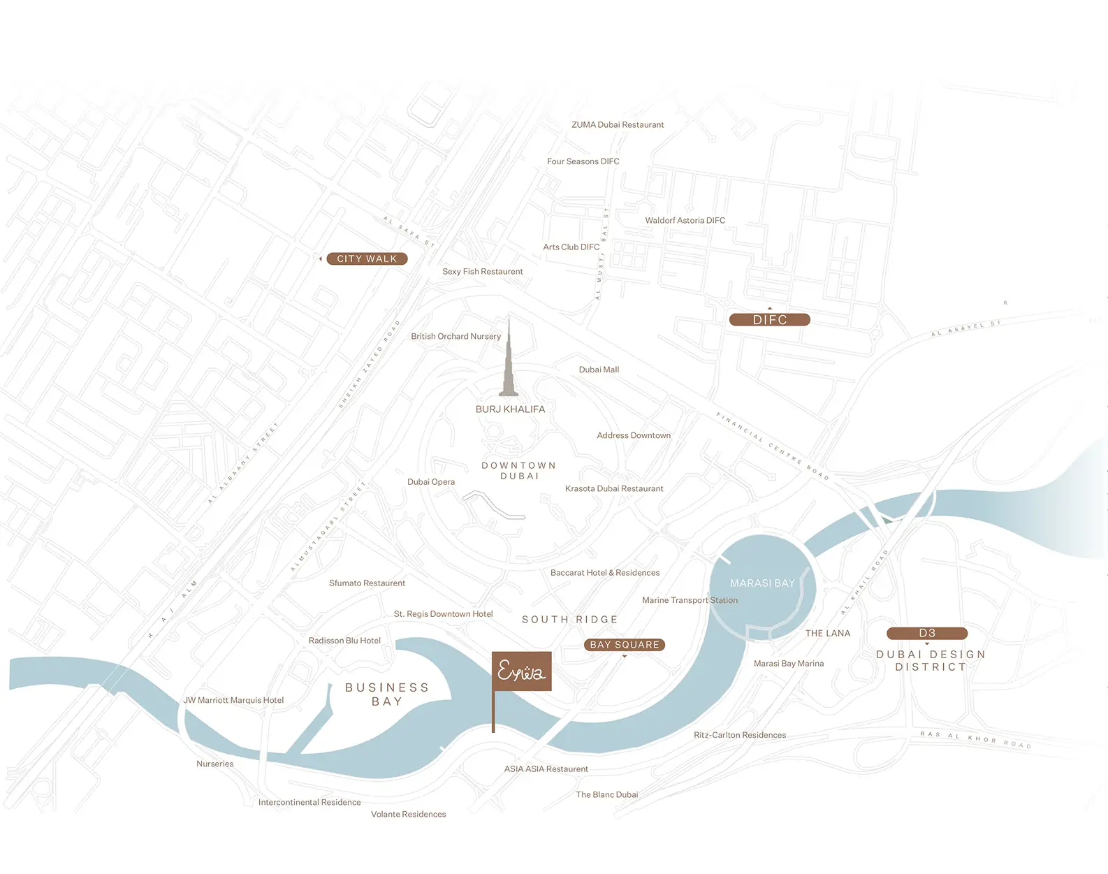 Stylised map of Business Bay and Downtown Dubai with the EYWA location on the canal
